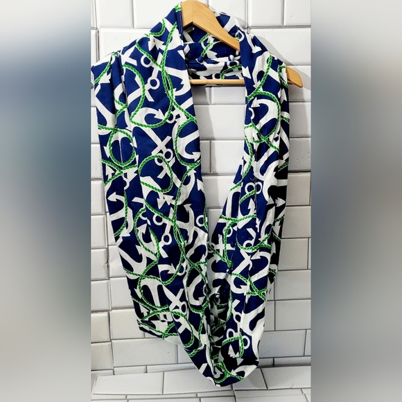 Mudpie Ladies Nautical Theme Infinity Scarf Colors Blue White Green 100% Viscose - Picture 1 of 6